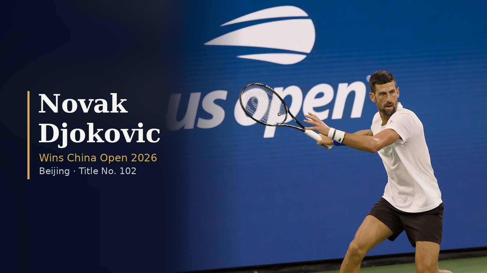 Novak Djokovic hitting a forehand in a white shirt at the 2026 US Open, Arthur Ashe Stadium, New York