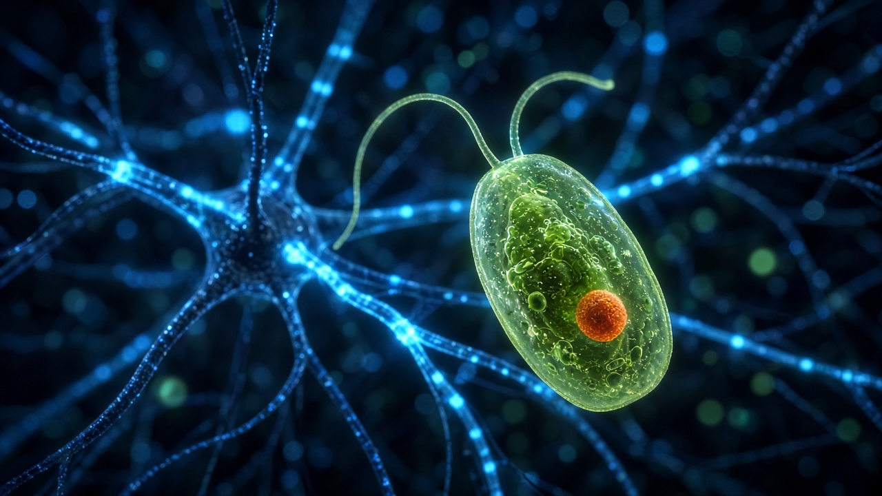 Blue light travelling along glowing neural pathways beside a microscopic green alga with a red eyespot