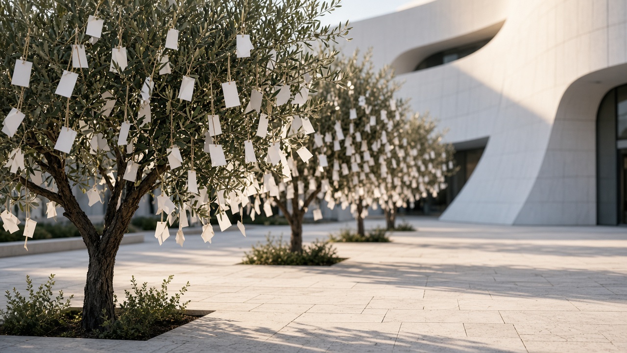 Olive trees hung with hundreds of handwritten paper wish tags in soft museum light
