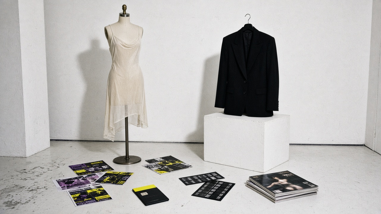 A 1990s-style gallery still life with a slip dress on a mannequin, a rave flyer and contact sheets under hard white light