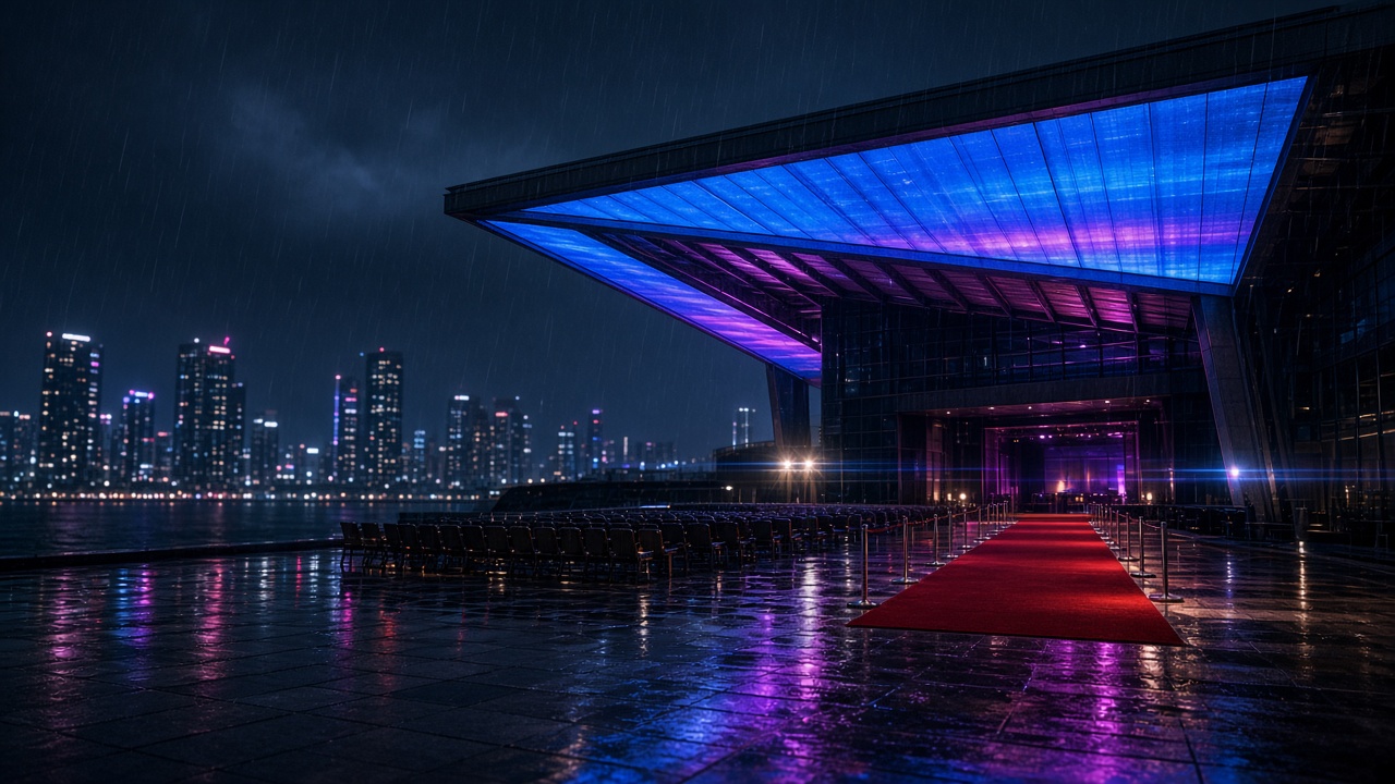 The Busan Cinema Center's vast illuminated roof canopy at night, with a red carpet and festival lights below