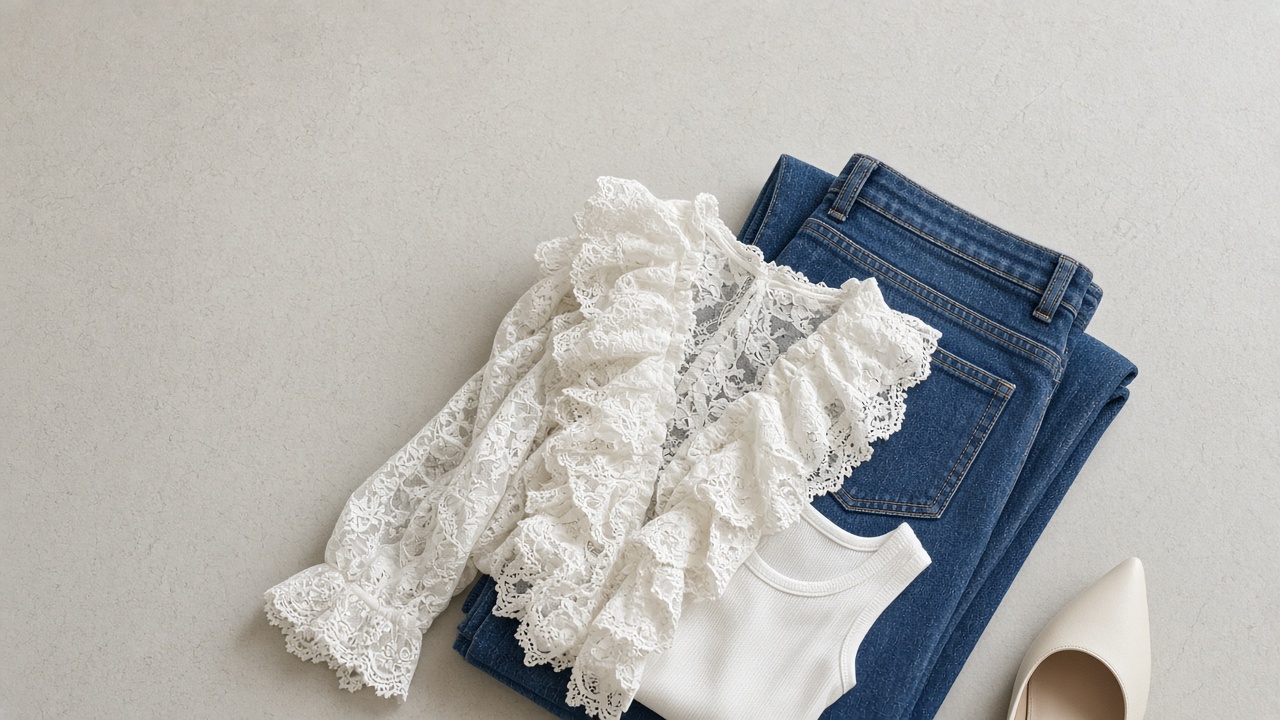 Close-up still life of white lace ruffle trim resting on folded straight-leg blue denim, in soft daylight