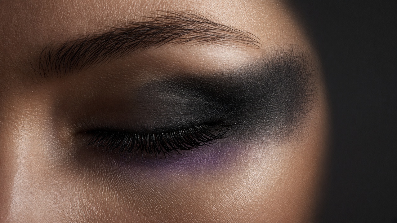 Extreme close-up of a heavily smudged black smoky eye with a violet lower lash line, seen in side profile on an anonymous model