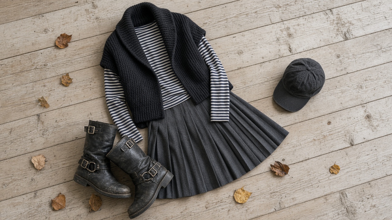 Flat lay of a black knit shawl sweater, a striped long-sleeve tee, a pleated knee-length skirt and black leather biker boots
