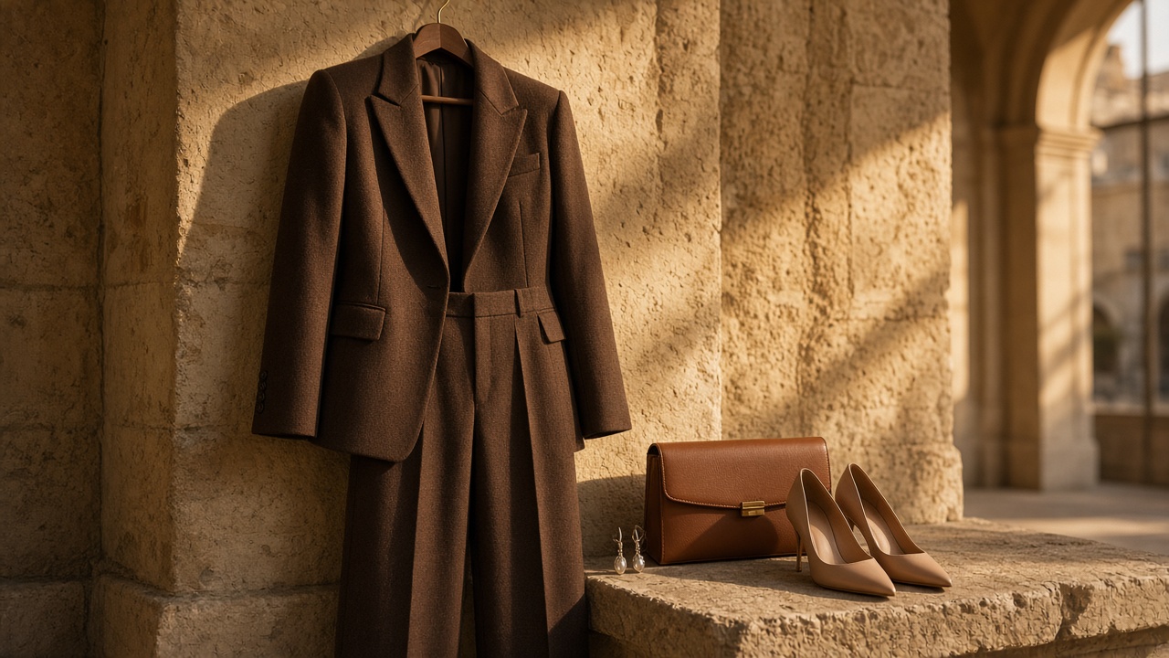 Chocolate-brown tailored blazer and wide-leg trousers hung against a warm stone wall in golden afternoon light, with a caramel leather clutch