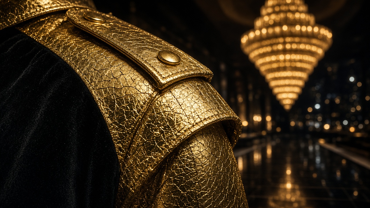 Close-up of a gold-leaf trench coat with fine cracks in its gilded surface, beside deep black velvet, under candlelit chandelier light