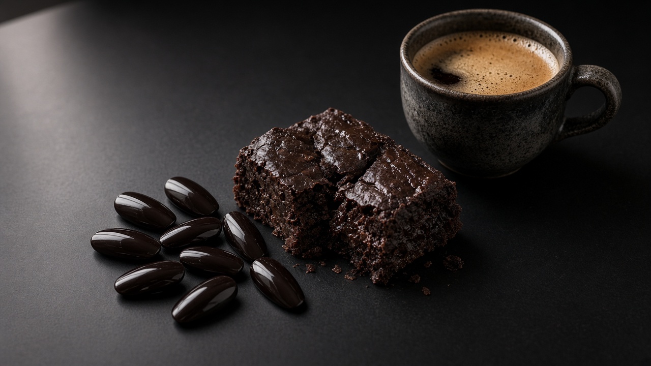 Photoreal close-up of glossy espresso-brown almond nails beside chocolate ganache and an espresso cup on black lacquer