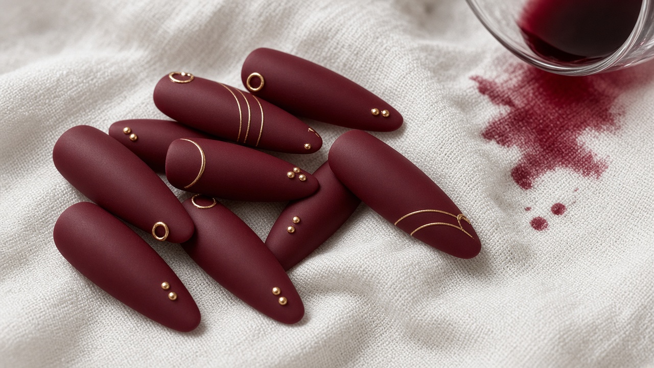 Photoreal close-up of matte merlot almond nails with tiny gold hoop piercings beside a wine stain on linen