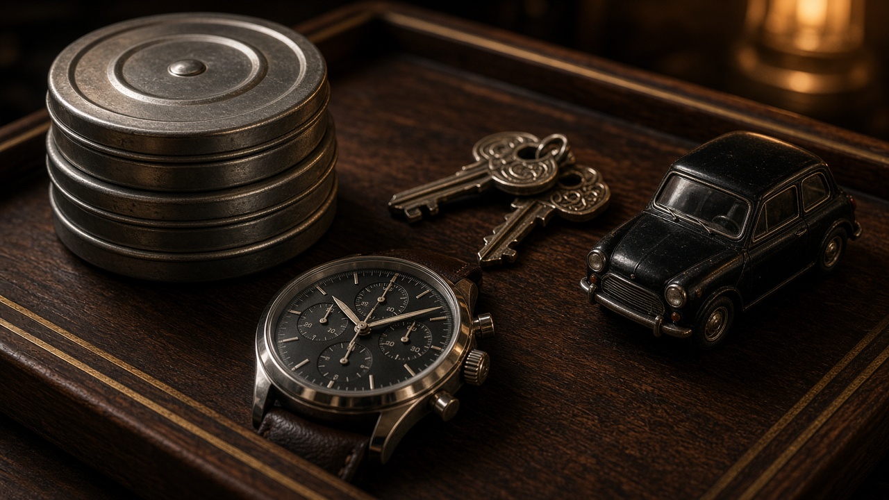 Photoreal still life of film canisters, a luxury watch, house keys and a miniature car on a wood tray