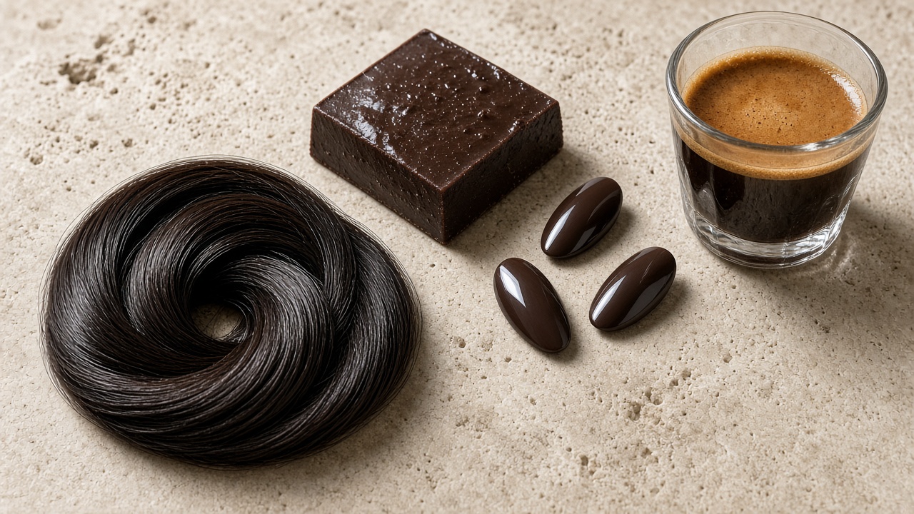 Photoreal still life of an espresso hair swatch, chocolate ganache and brown nail tips on travertine