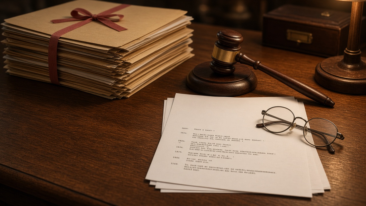 Photoreal still life of legal folders, a gavel and script pages on a teak desk