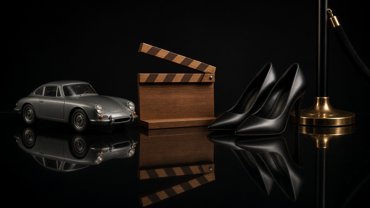 Photoreal still life of a die-cast toy car, open clapperboard and black satin pumps by a rope stanchion
