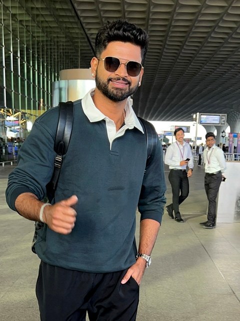 Indian cricketer Shreyas Iyer photographed at the airport in April 2025