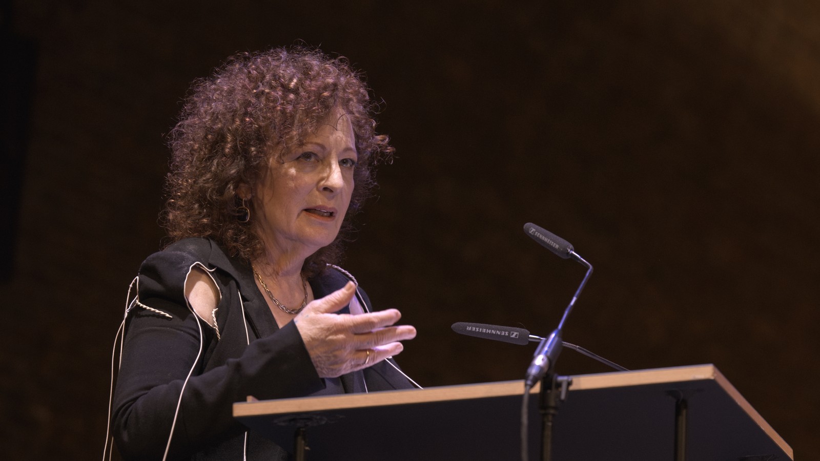 Photographer Nan Goldin speaking at the Kollwitz Prize ceremony in Berlin, March 2023