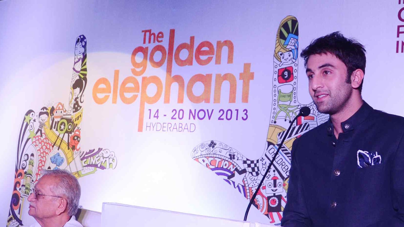 Ranbir Kapoor speaking to the media at a film festival opening in Hyderabad
