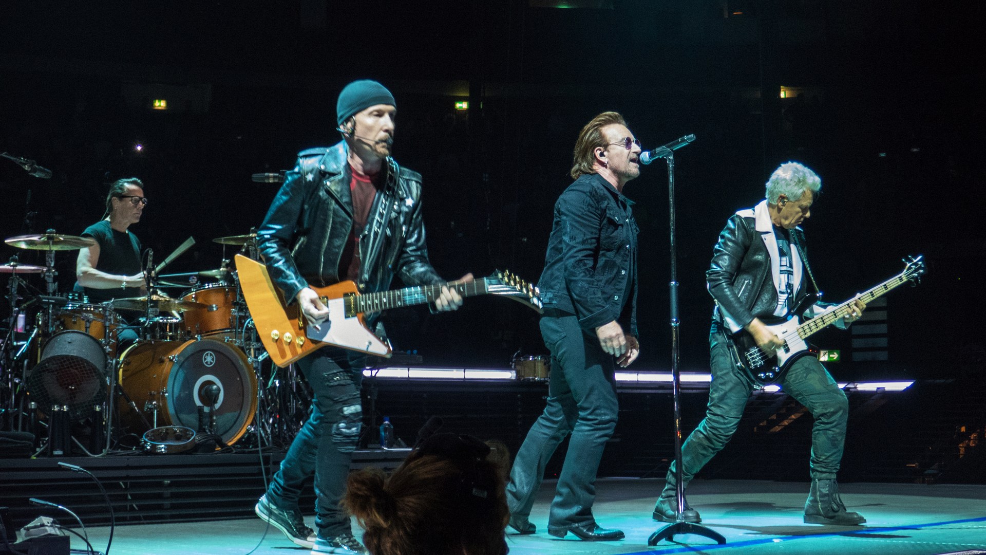 U2 performing at Mercedes-Benz Arena in Berlin on Aug. 31, 2018: Larry Mullen Jr. on drums, the Edge, Bono and Adam Clayton