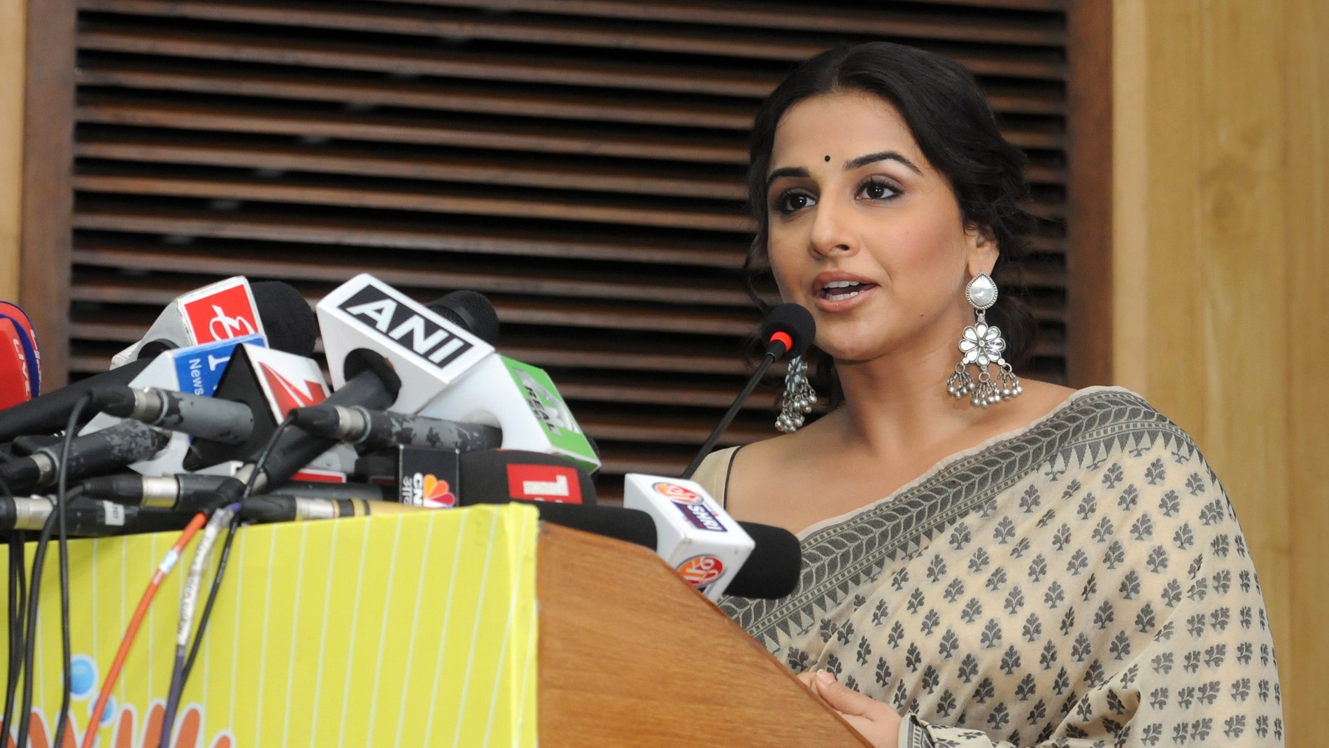 Actress Vidya Balan in a printed saree speaking at a press briefing in New Delhi in 2012
