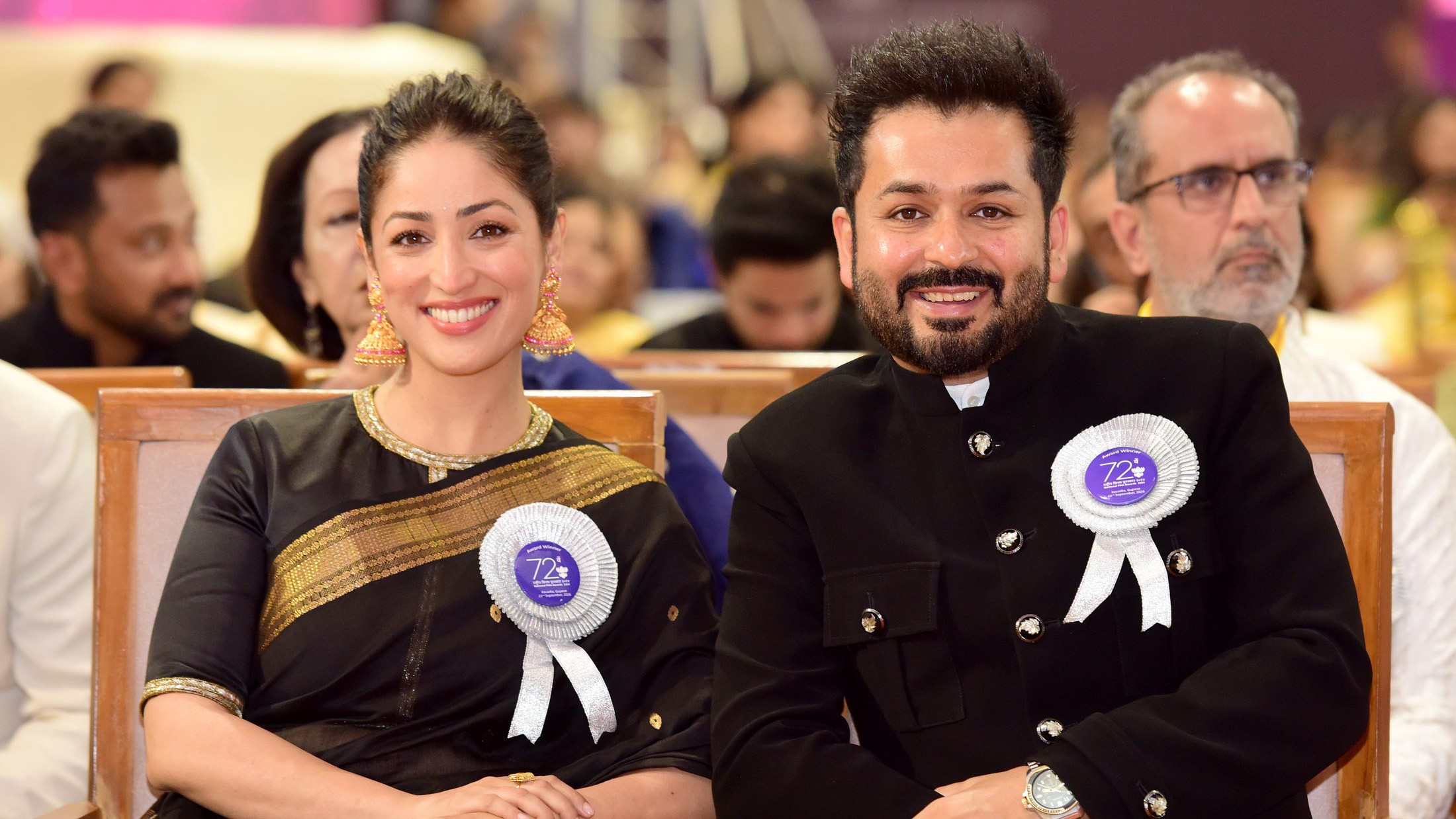 Yami Gautam Dhar in a black saree seated beside Aditya Dhar at the 72nd National Film Awards ceremony in 2026