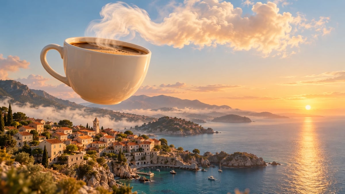 An oversized cream coffee cup floats above a miniature coastal village in warm sunrise light.