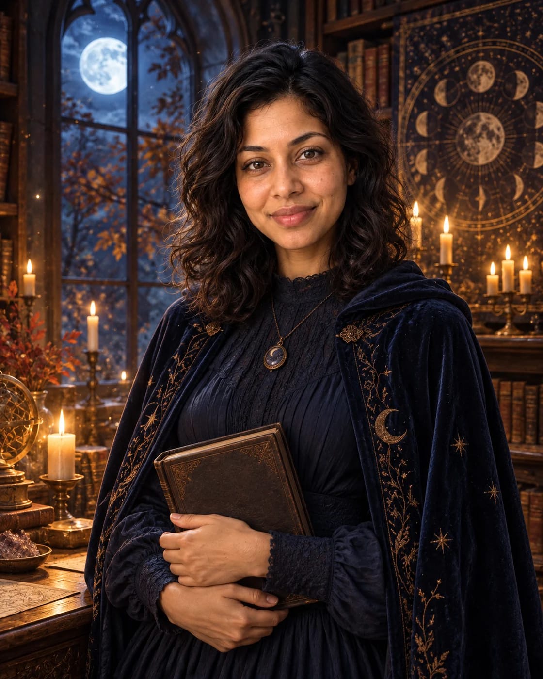A fictional woman in a midnight-blue cloak holding a closed book in a candlelit library with a moonlit arched window.