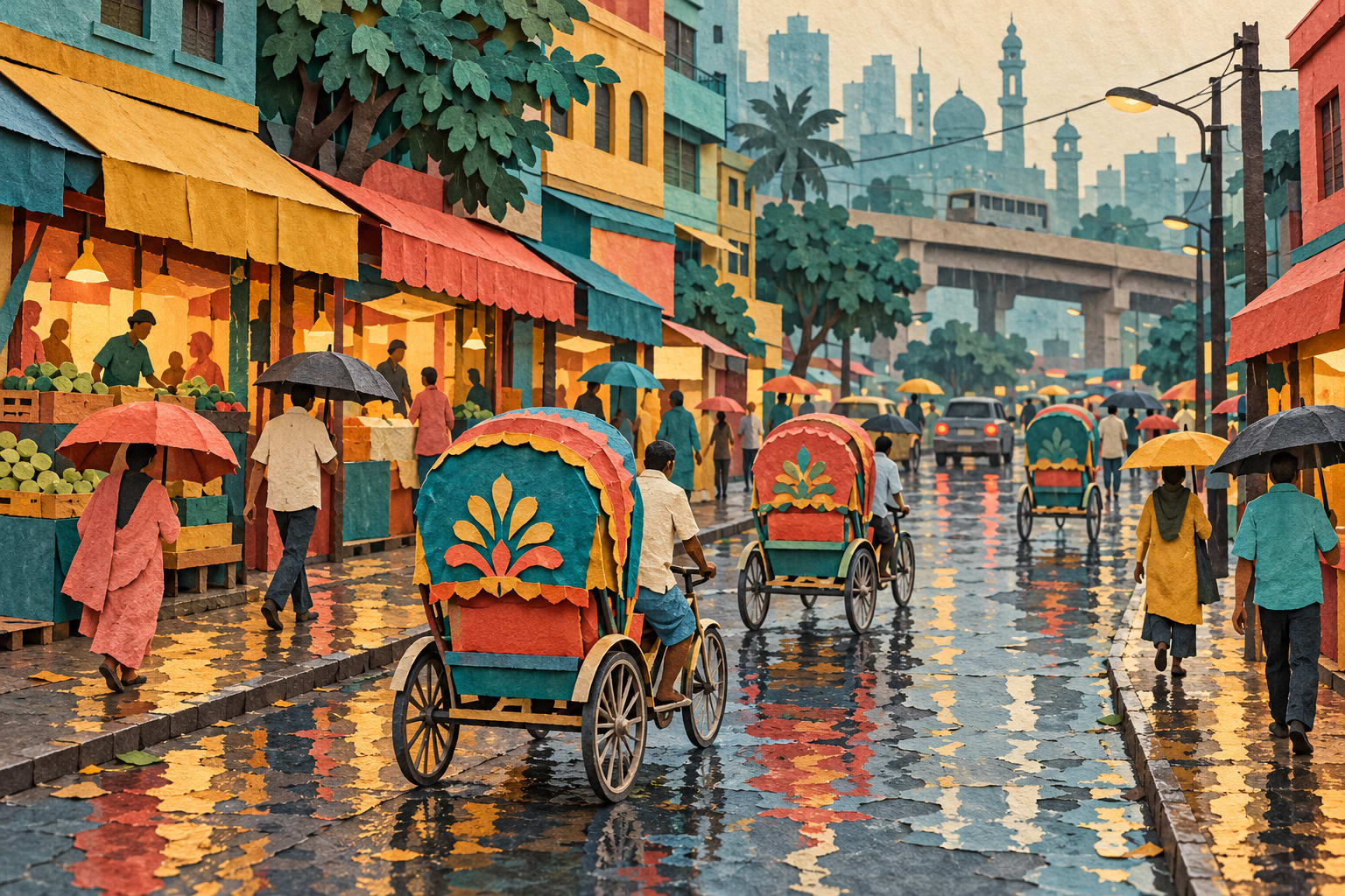 A layered paper-cut rainy Dhaka street with colorful rickshaws and umbrella-carrying pedestrians.