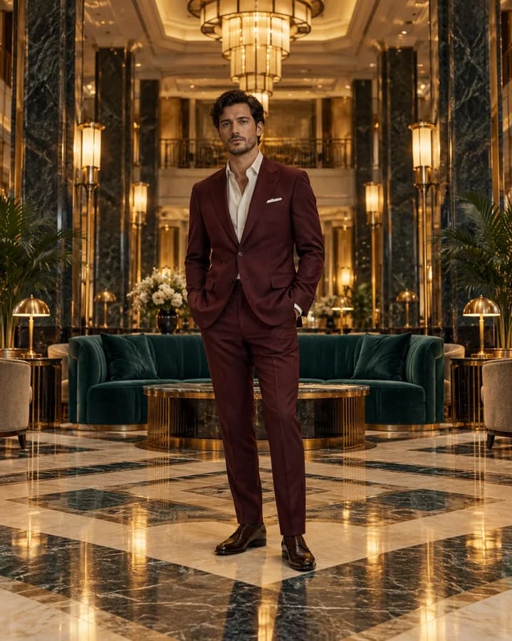A fictional man in a burgundy suit stands in a brass-lit art-deco lobby with teal seating and marble columns.