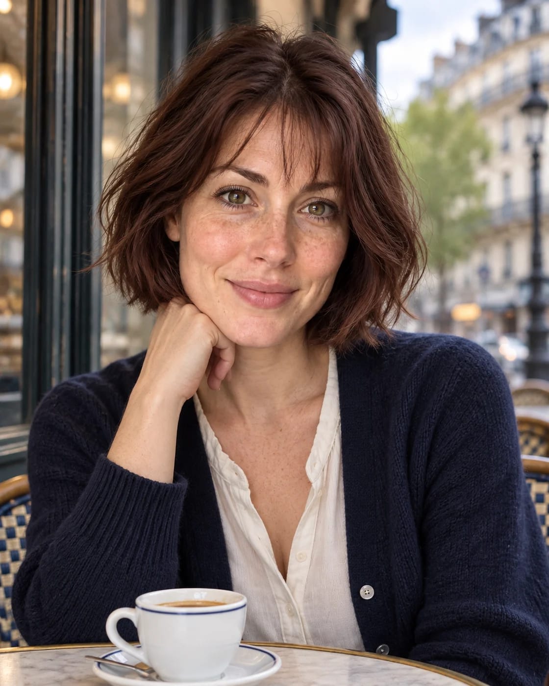 A fictional freckled woman with a textured auburn French bob and wispy bangs seated at a softly lit Paris café window.