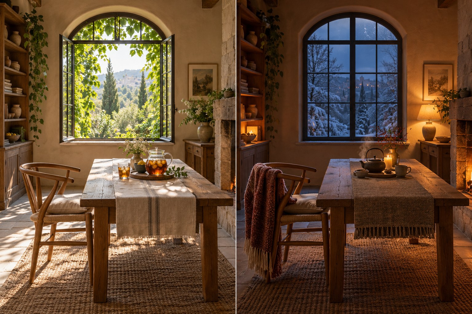 Two aligned views of one tea room, with green summer light on the left and a snowy evening on the right.