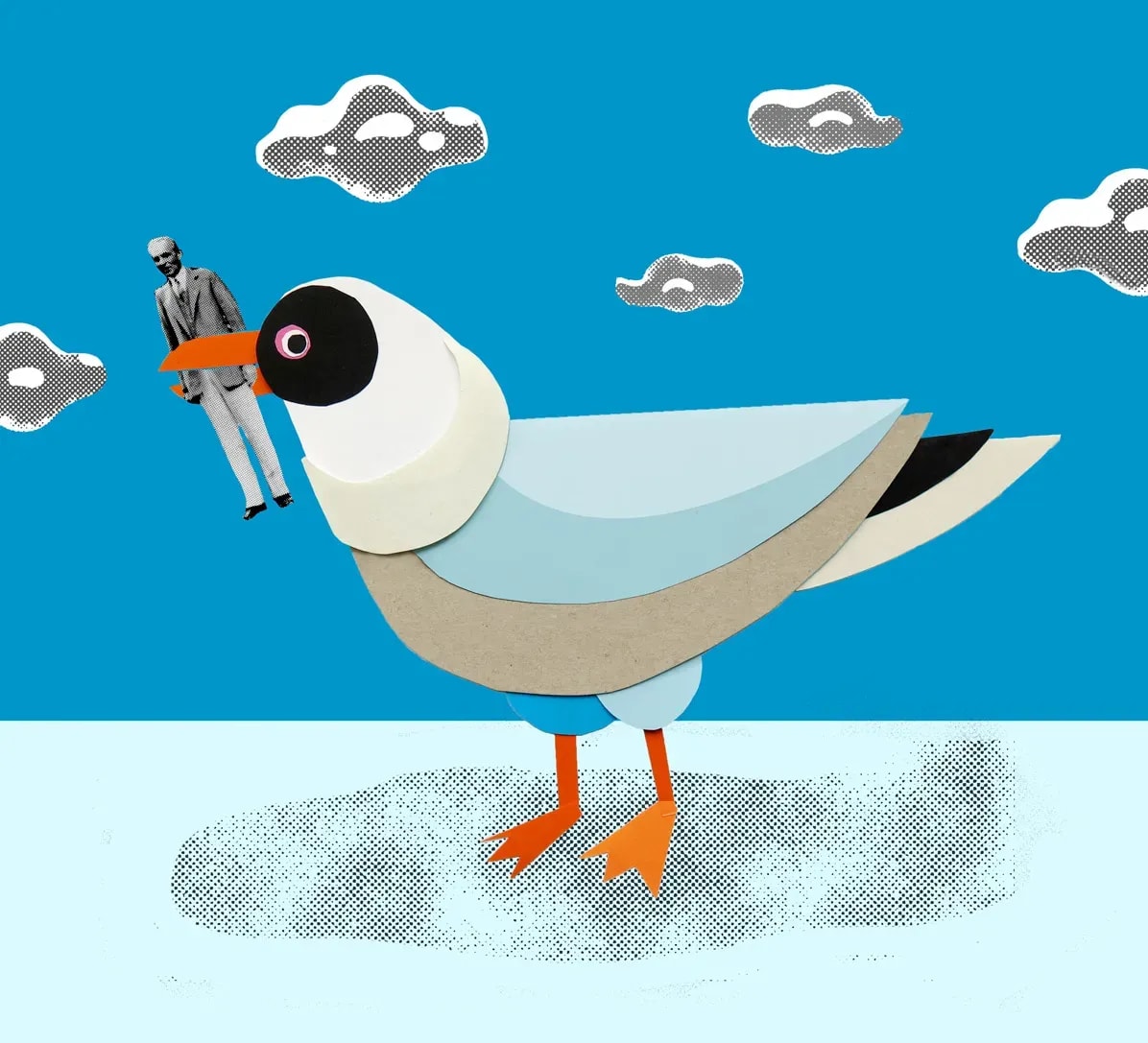 Ilustracja przedstawiająca mewę trzymającą w dziobie Henrego Forda, wykonana techniką wycinanki - Marta Sieczkowska. Illustration showing a seagull carrying Henry Ford in its beak, executed in cutout technique by Marta Sieczkowska.