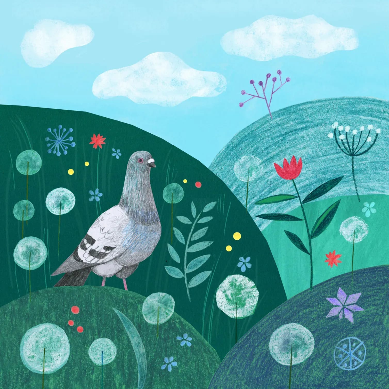 Ilustracja przedstawiająca gołębia na łące pełnej kwiatów - Marta Sieczkowska. Illustration showing a pigeon in the meadow full of flowers by Marta Sieczkowska.