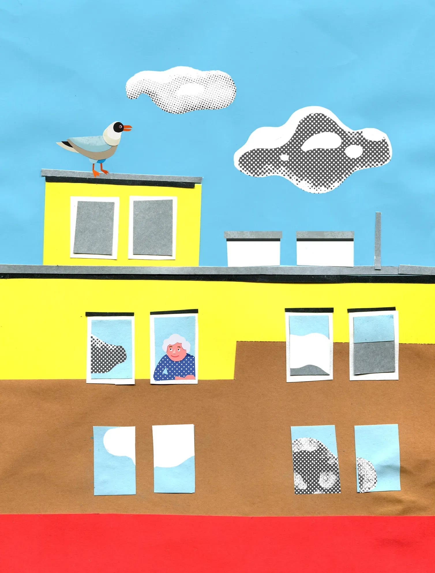 Ilustracja przedstawiająca blok i wychylającą się z okna staruszkę - Marta Sieczkowska. Illustration by Marta Sieczkowska showing a block of flats and a grandma looking out of the widow.
