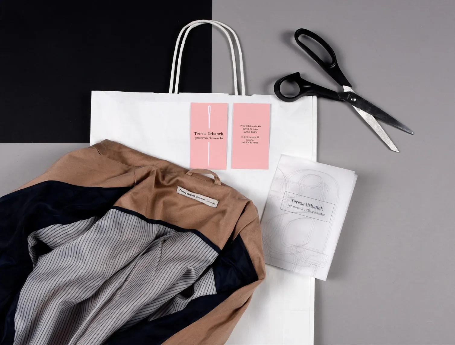 Identyfikacja wizualne Pracowni Krawieckiej Teresy Urbanek. PANTOGRAF. Brand collaterall for tailors workshop teresa Urbanek.