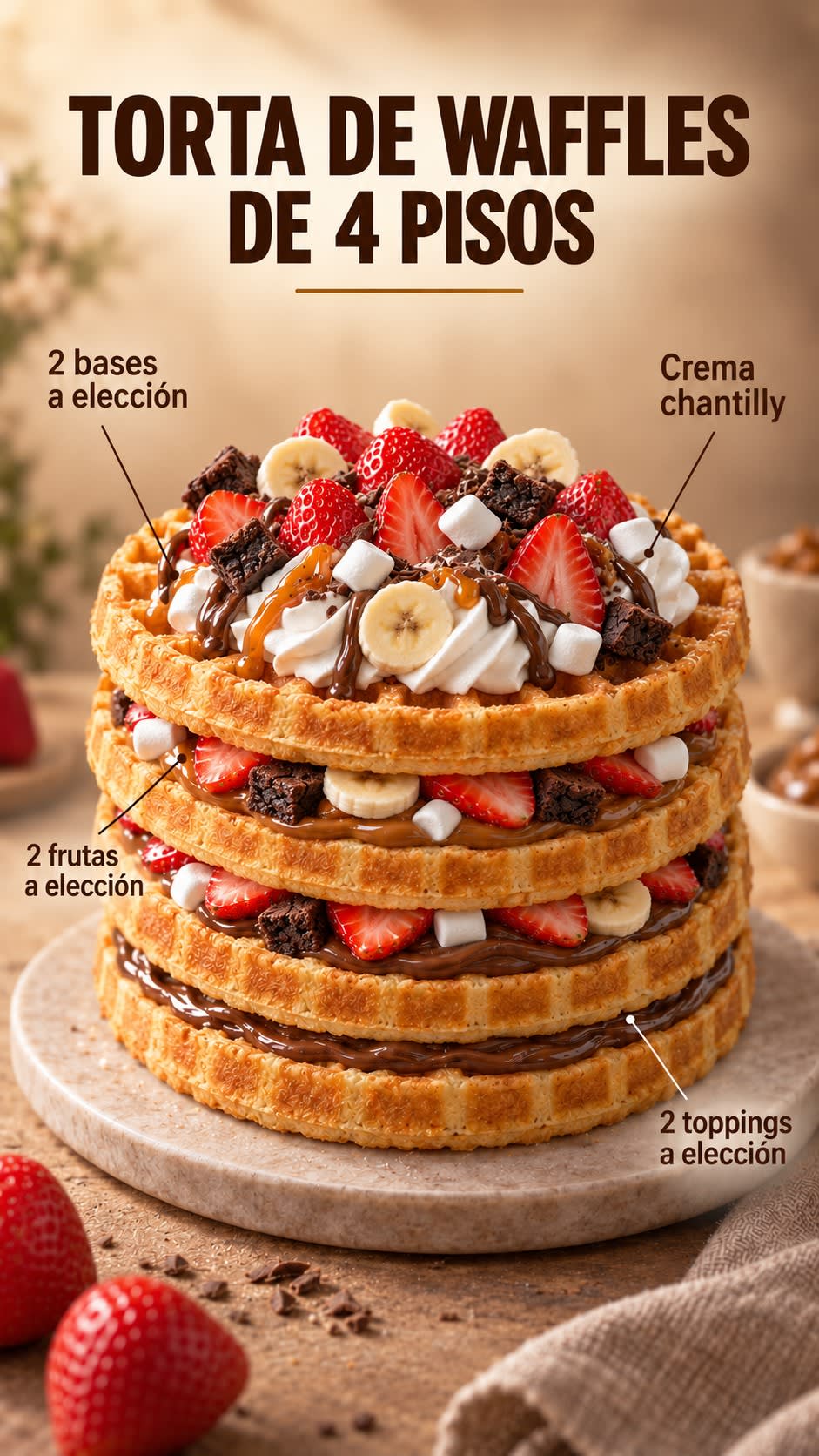 Torta de waffles de 4 pisos. (Se debe pre-ordenar)