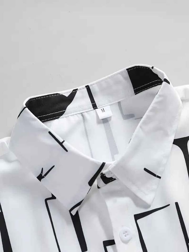 Men's Outfit, Casual Geometric Graphic Print Lapel Short Sleeve Button Up Shirt & Drawstring Pants