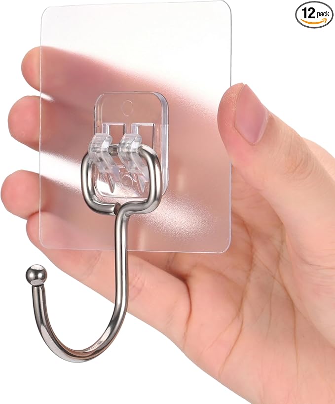 Large Adhesive Hooks, 12-Pack Sticky Hangers for Hanging Heavy Duty, Transparent Waterproof Oil-Proo