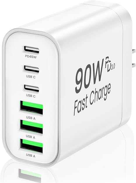 90W GaN USB C Charger Block,6-Port USB C Wall Charger Fast Charging 45W PD Power Adapter for iPhone 
