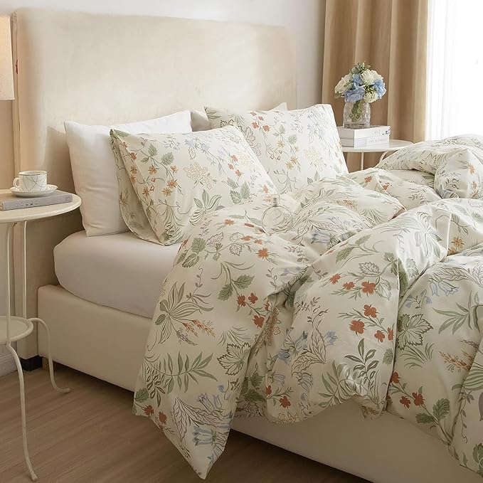 Nanko Floral Comforter Set Queen Size 3 Pcs, Sage Green White Orange Flower Leaf Printed Pattern Sof