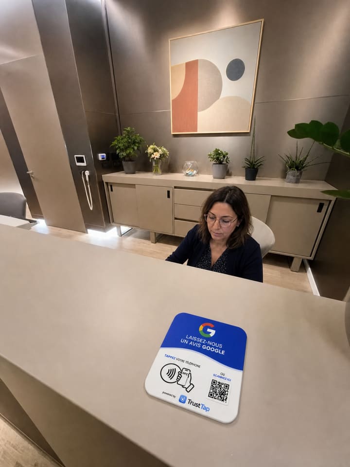 TrustTap plate at a front desk