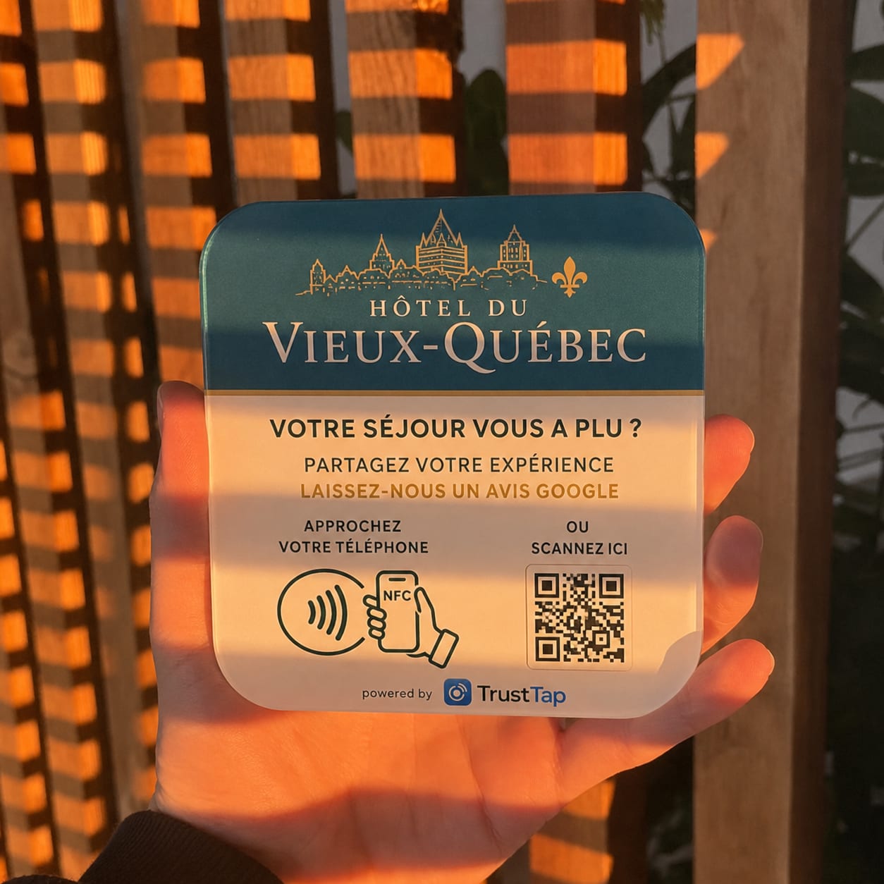 Plaque TrustTap personnalisée pour un hôtel