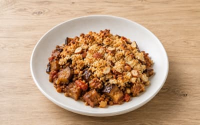 Crumble sarrasin d'aubergine et de lentilles au ras-el-hanout