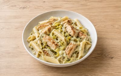 Poulet, fondue de poireaux & penne