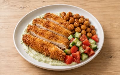Poulet pané et pois chiches sur sauce yaourt avocat parmesan