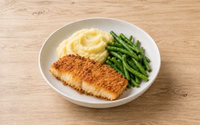 Poisson pané, purée & haricots verts