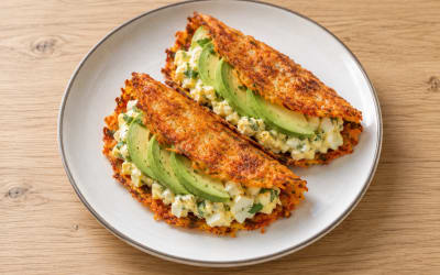 Tacos de carotte au fromage, œufs crémeux et avocat