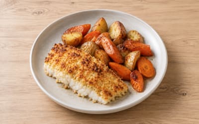 Cabillaud en croûte de parmesan & légumes rôtis