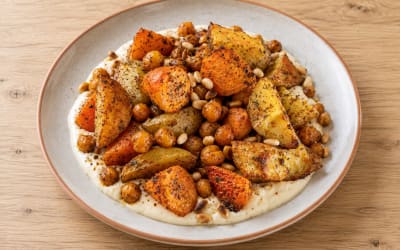 Carottes & pommes de terre rôties, sauce proteiné à l’ail