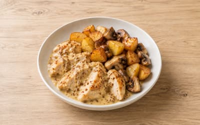 Poulet à la moutarde, pommes de terre et champignon