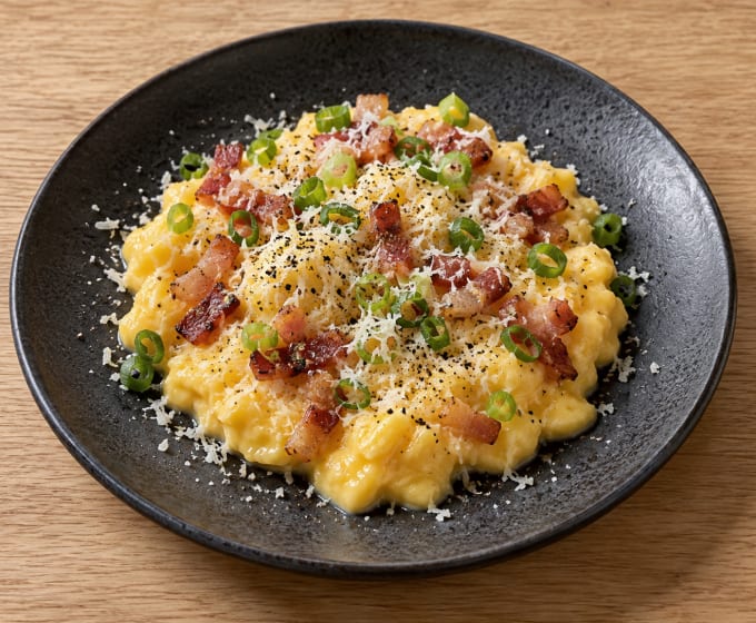 Œufs brouillés au guanciale et parmesan