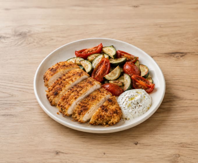 Poulet pané & légumes au four