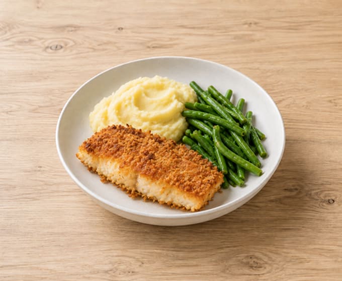 Poisson pané, purée & haricots verts